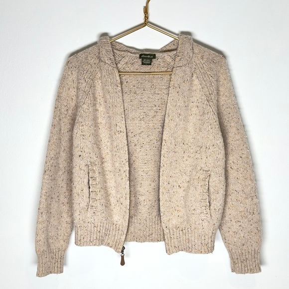 Eddie Bauer Sweaters - Eddie Bauer Cropped Knit Zip Cardigan Hoodie Tan Wool Cream Large Vintage